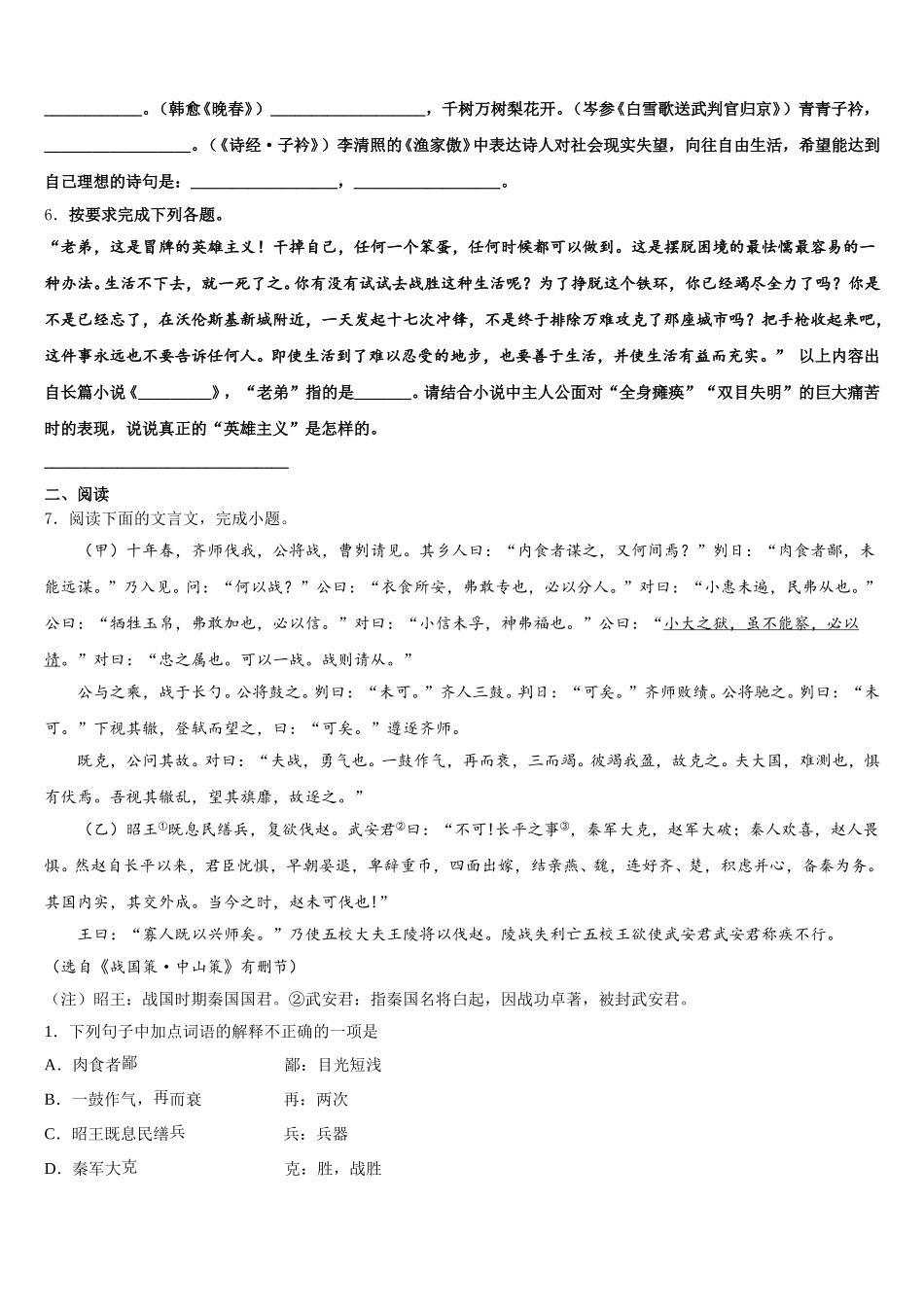 2026年邵阳市重点中学初三第二次中考科目质检语文试题含解析_第2页