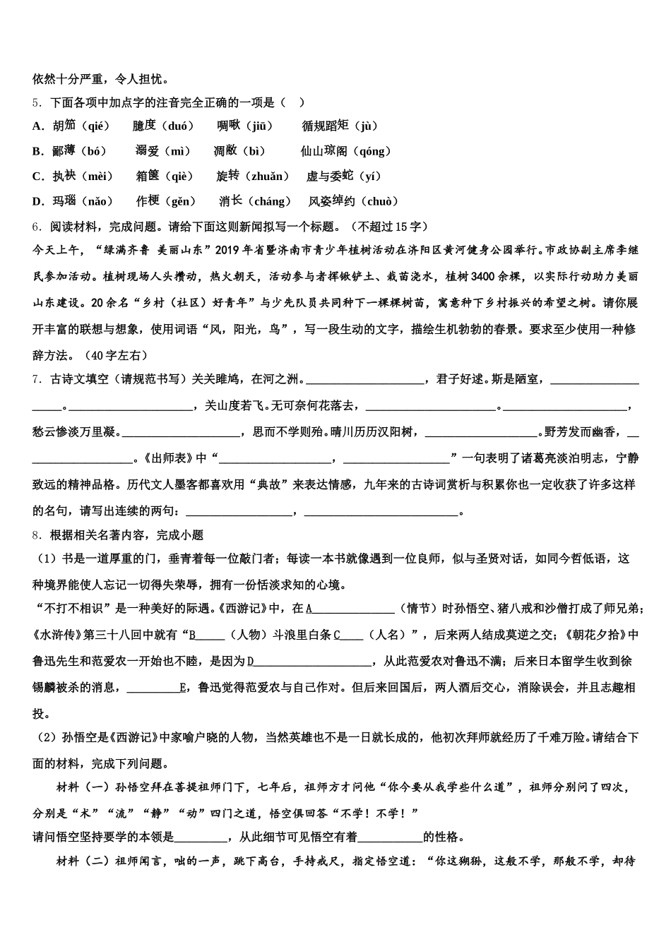 2026年湖南省邵阳市邵阳县初三下学期一轮复习周测语文试题含解析_第2页