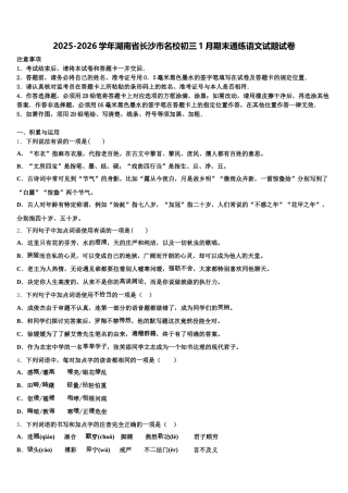2025-2026学年湖南省长沙市名校初三1月期末通练语文试题试卷含解析