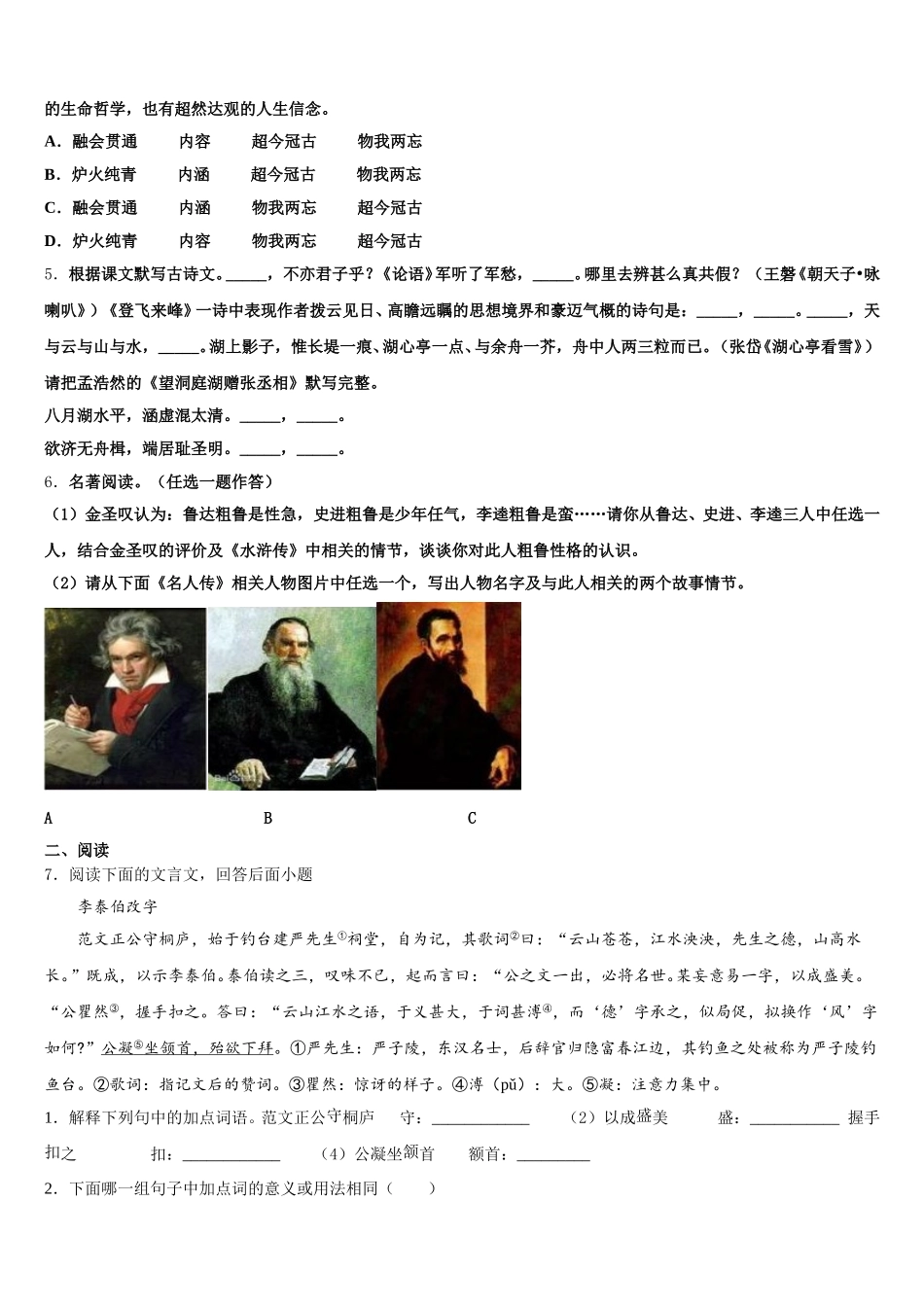 2026届湖南省醴陵市中考适应性测试试卷（语文试题文）试题含解析_第2页
