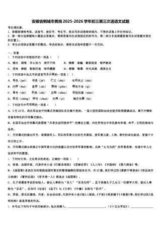 安徽省桐城市黄岗2025-2026学年初三第三次适语文试题含解析