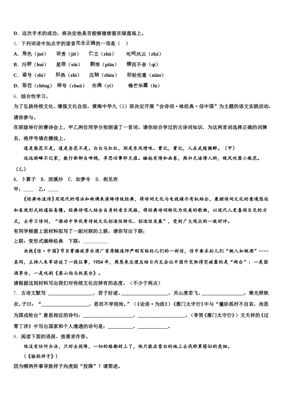 2026年安徽省宣城市奋飞校初三模拟语文试题含解析_第2页
