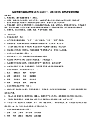安徽省肥东县重点中学2026年初三下-（第三阶段）期中语文试题试卷含解析