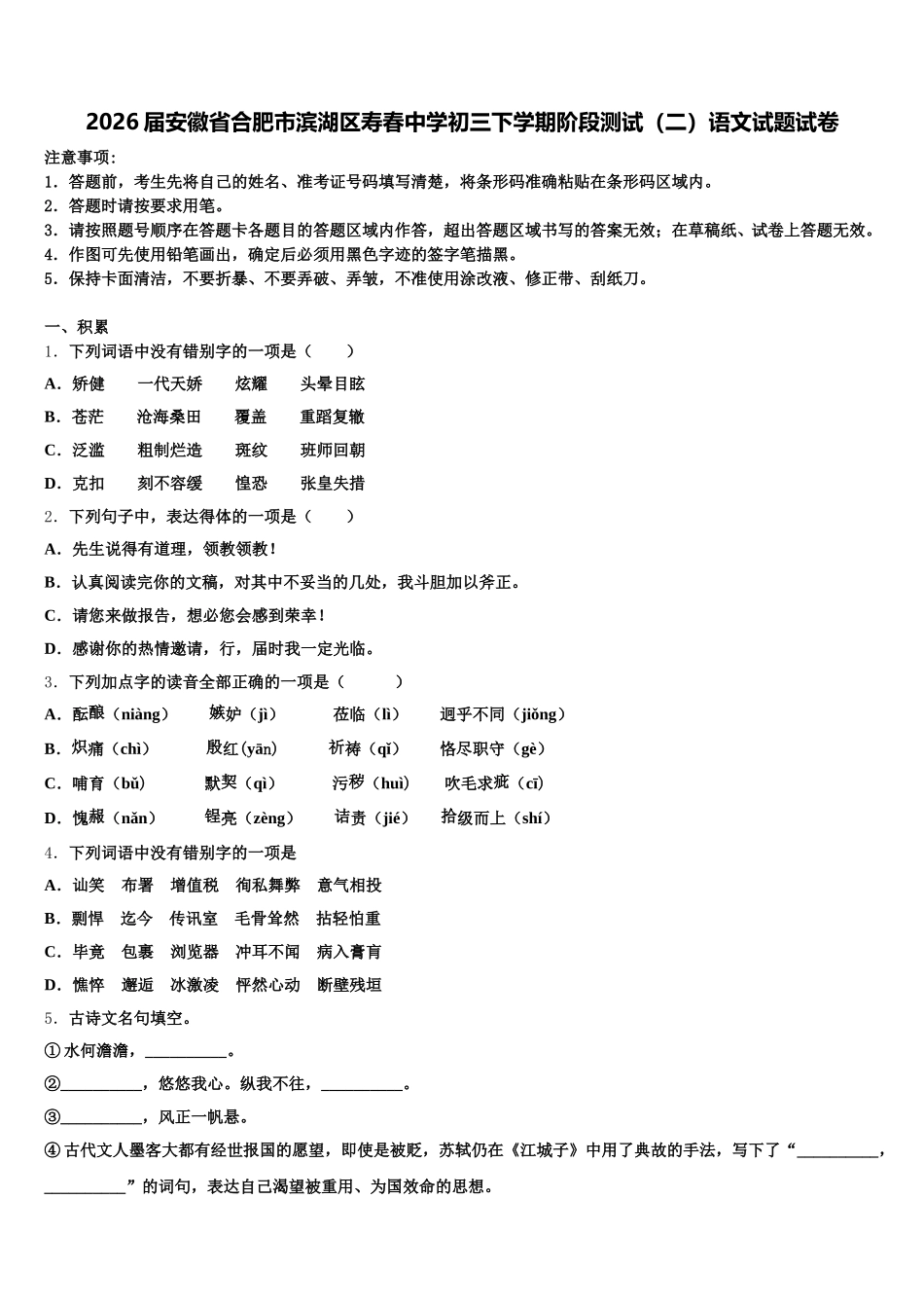 2026届安徽省合肥市滨湖区寿春中学初三下学期阶段测试（二）语文试题试卷含解析_第1页