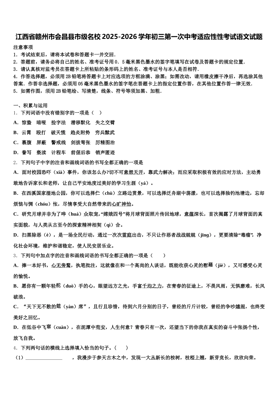 江西省赣州市会昌县市级名校2025-2026学年初三第一次中考适应性性考试语文试题含解析_第1页
