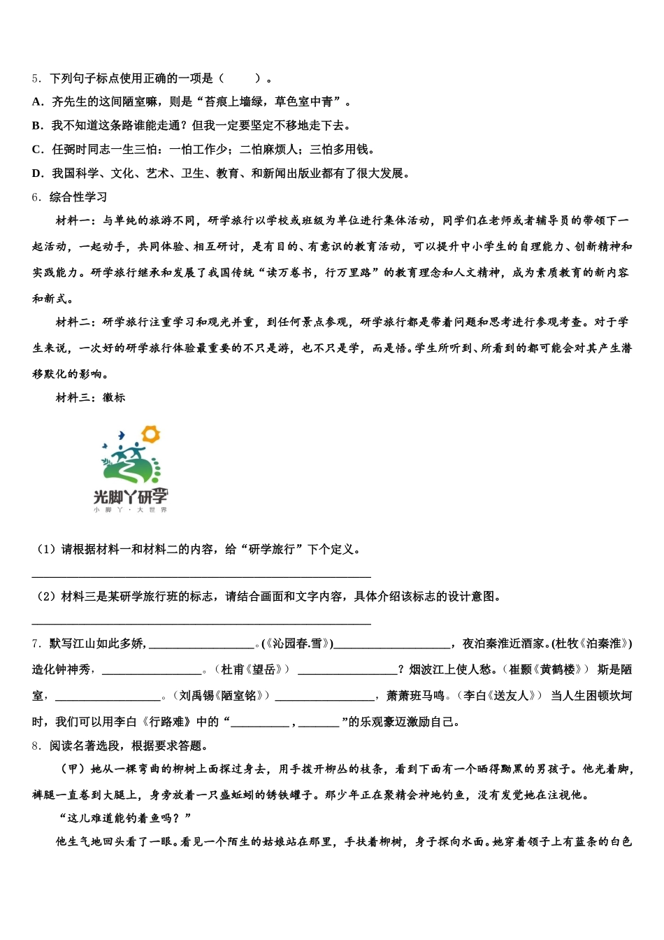 江西省上饶县2026届初三毕业生复习统一检测试题语文试题含解析_第2页