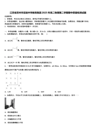 江苏省苏州市实验中学教育集团2025年高二物理第二学期期中质量检测试题含解析