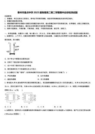 泰州市重点中学2025届物理高二第二学期期中达标检测试题含解析