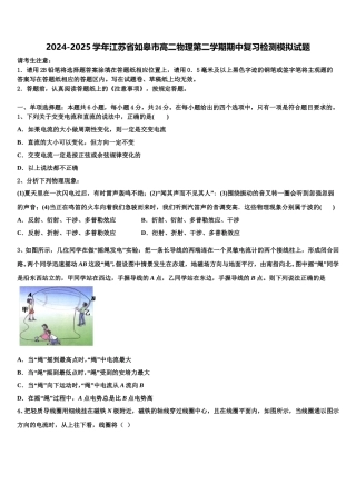2024-2025学年江苏省如皋市高二物理第二学期期中复习检测模拟试题含解析