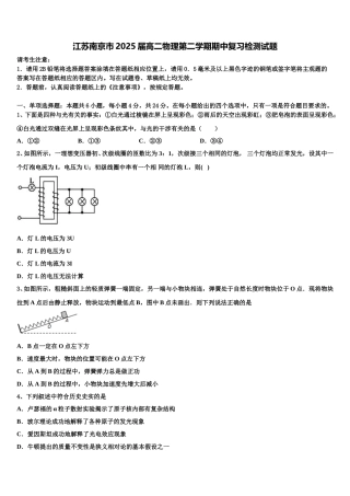江苏南京市2025届高二物理第二学期期中复习检测试题含解析