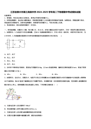 江苏省泰兴市第三高级中学2024-2025学年高二下物理期中考试模拟试题含解析