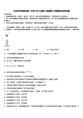 江苏苏州高新区第一中学2025届高二物理第二学期期中联考试题含解析