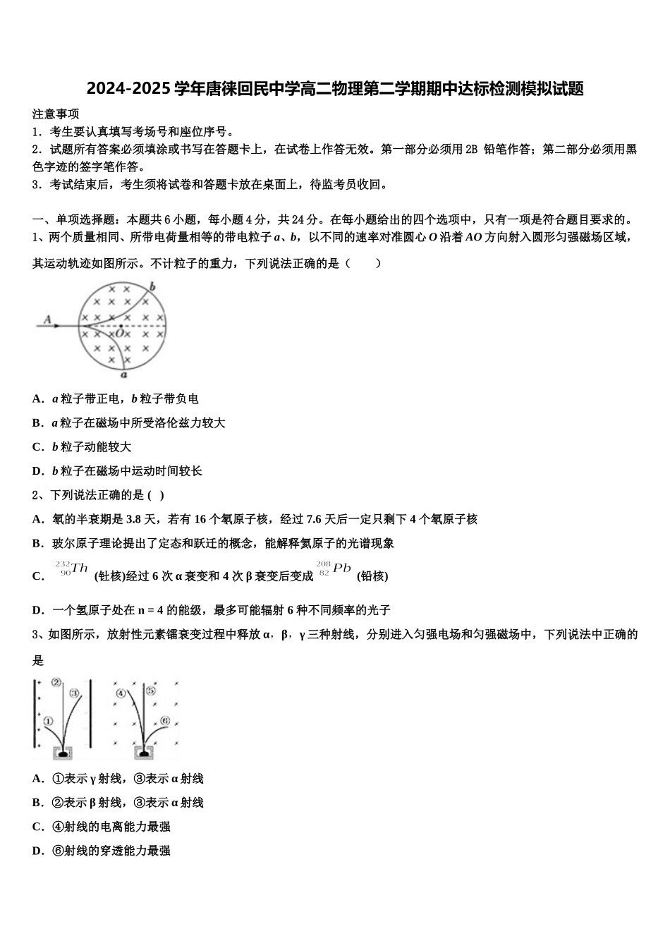2024-2025学年唐徕回民中学高二物理第二学期期中达标检测模拟试题含解析_第1页