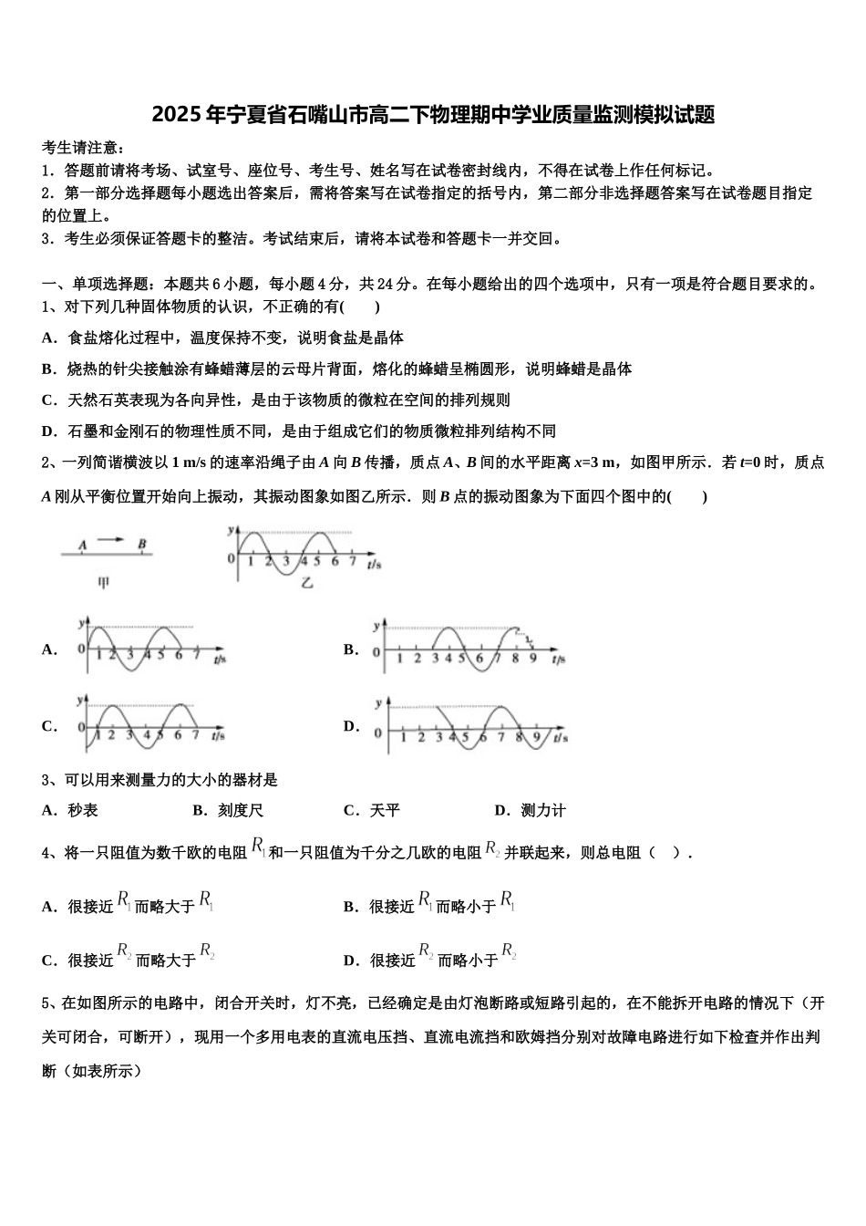 2025年宁夏省石嘴山市高二下物理期中学业质量监测模拟试题含解析_第1页