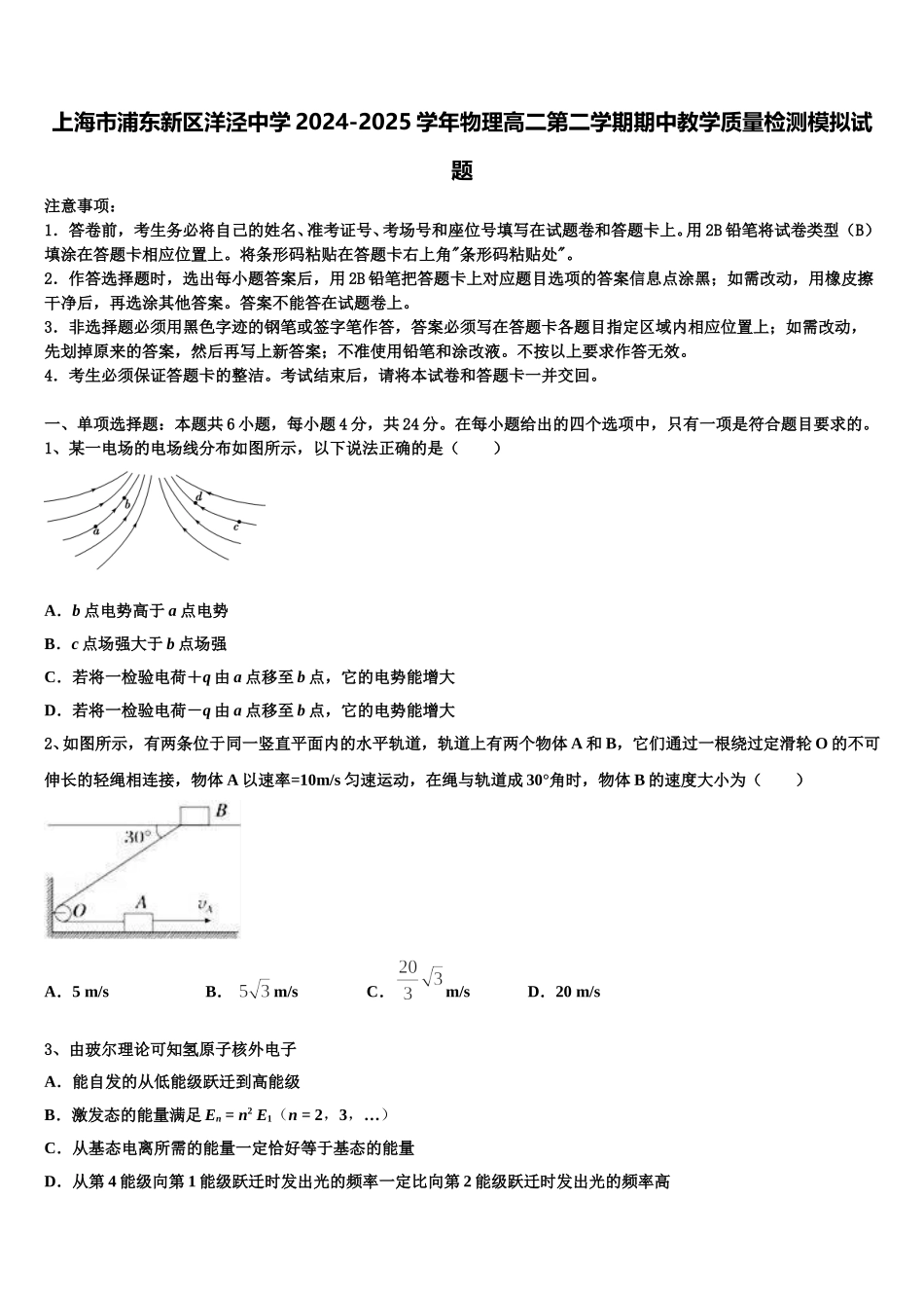 上海市浦东新区洋泾中学2024-2025学年物理高二第二学期期中教学质量检测模拟试题含解析_第1页