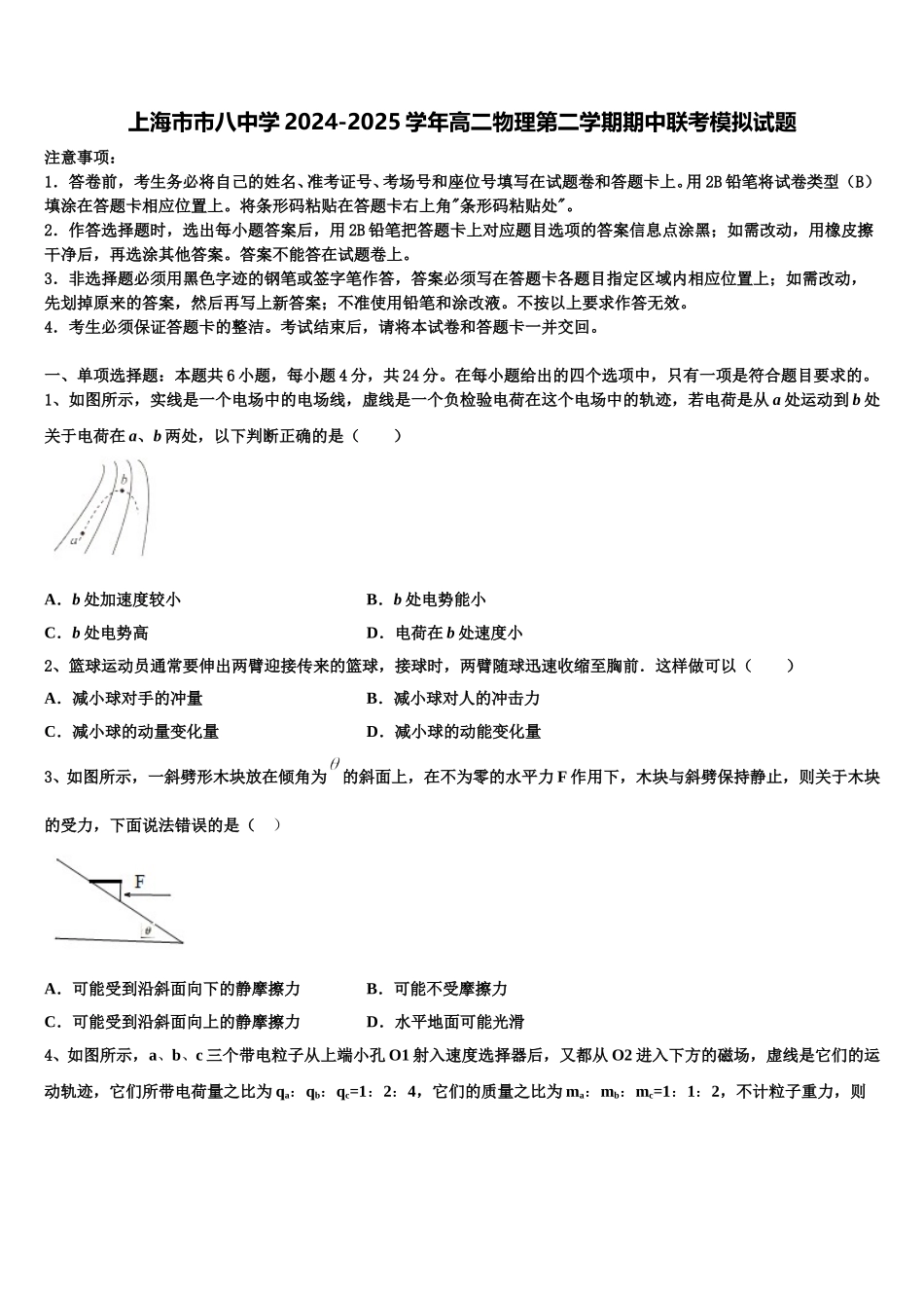 上海市市八中学2024-2025学年高二物理第二学期期中联考模拟试题含解析_第1页