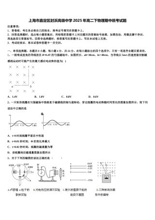 上海市嘉定区封浜高级中学2025年高二下物理期中统考试题含解析