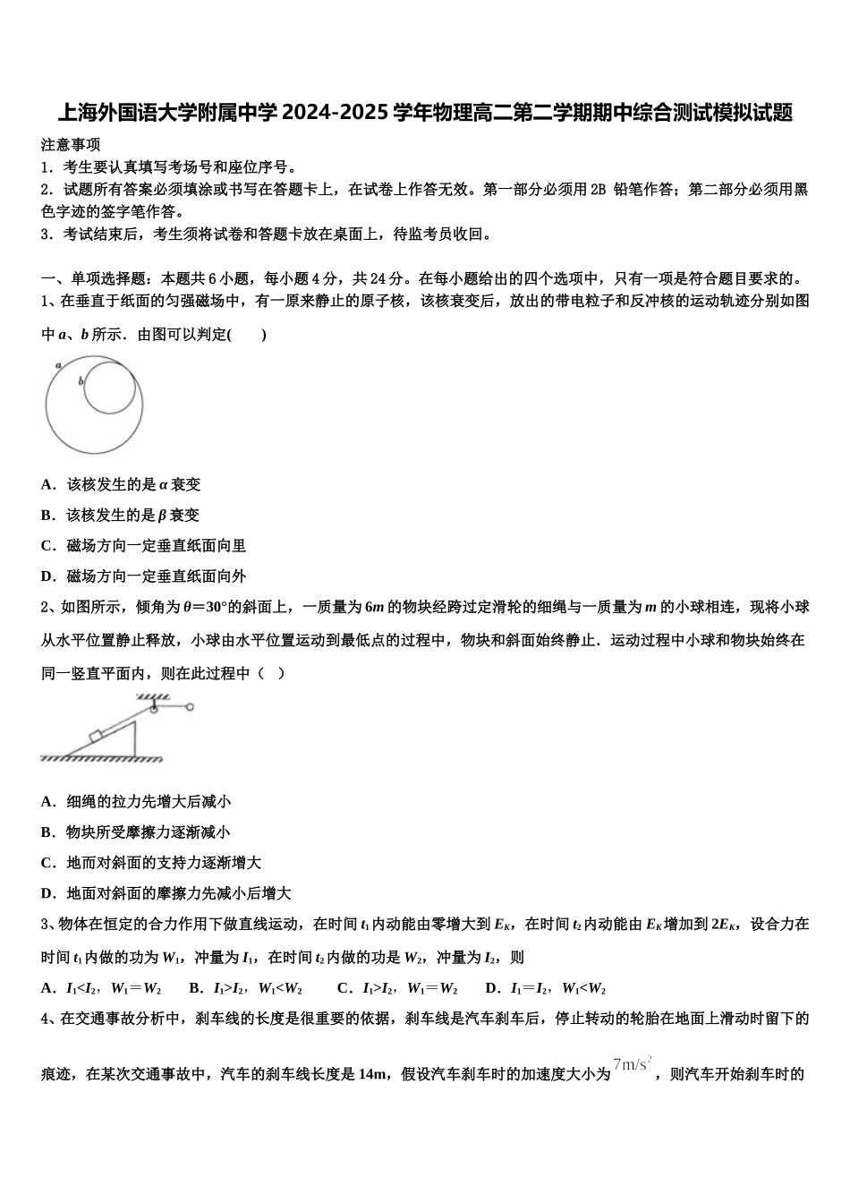 上海外国语大学附属中学2024-2025学年物理高二第二学期期中综合测试模拟试题含解析_第1页