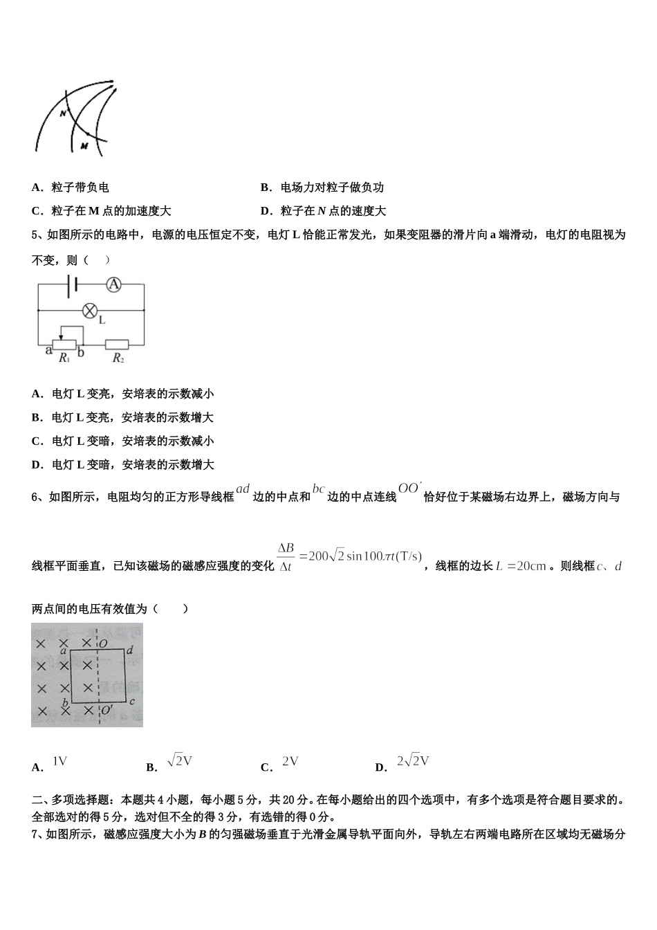2024-2025学年上海市晋元高级中学高二下物理期中统考模拟试题含解析_第2页