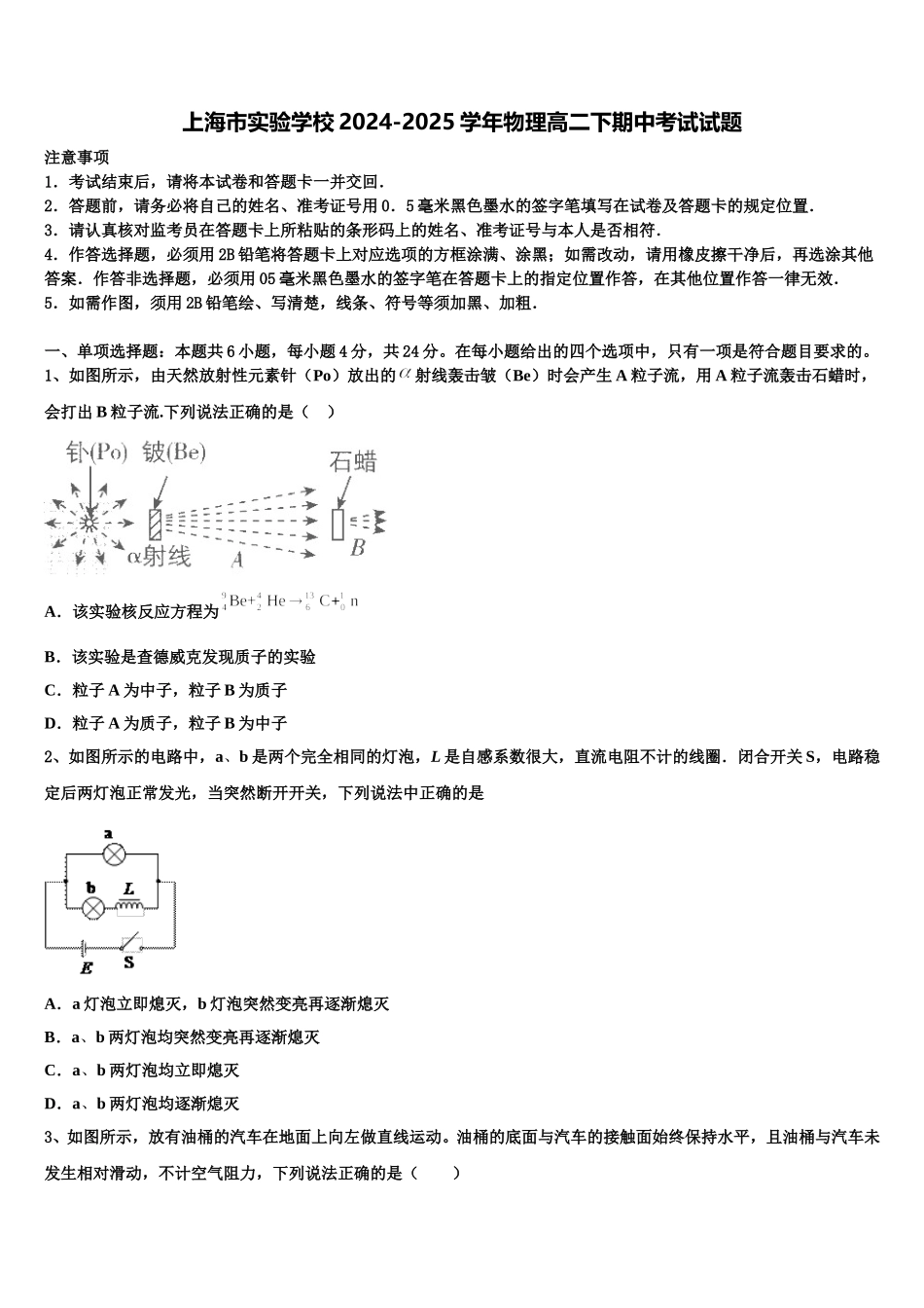 上海市实验学校2024-2025学年物理高二下期中考试试题含解析_第1页
