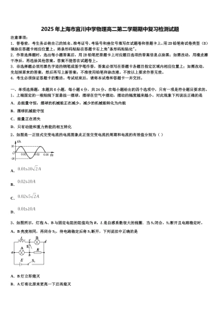 2025年上海市宜川中学物理高二第二学期期中复习检测试题含解析