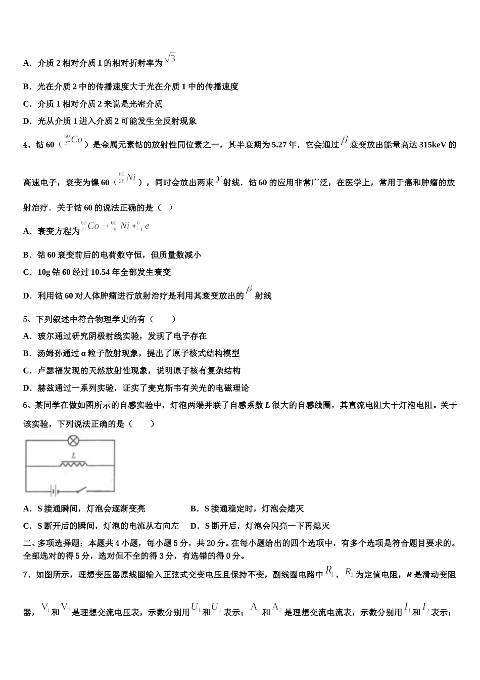 2024-2025学年上海市向明中学物理高二下期中调研试题含解析_第2页
