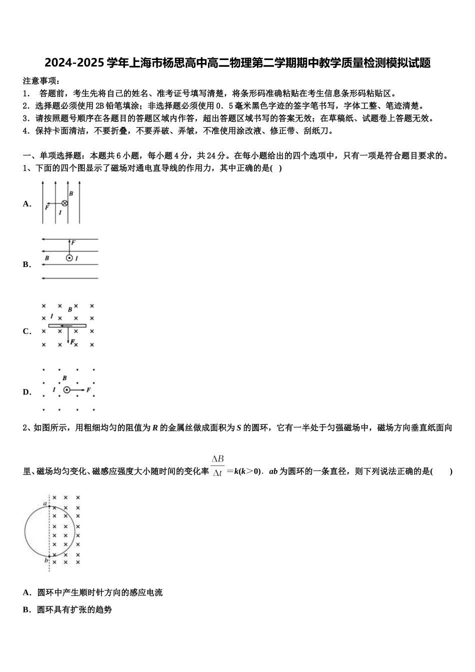 2024-2025学年上海市杨思高中高二物理第二学期期中教学质量检测模拟试题含解析_第1页