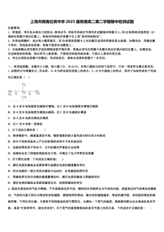 上海市西南位育中学2025届物理高二第二学期期中检测试题含解析