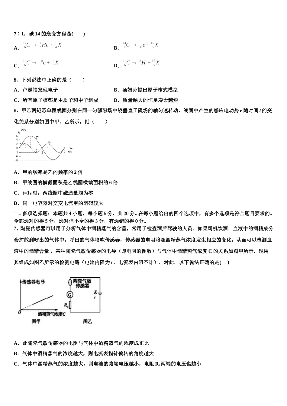 2024-2025学年上海市徐汇区上海师大附中物理高二第二学期期中考试试题含解析_第2页