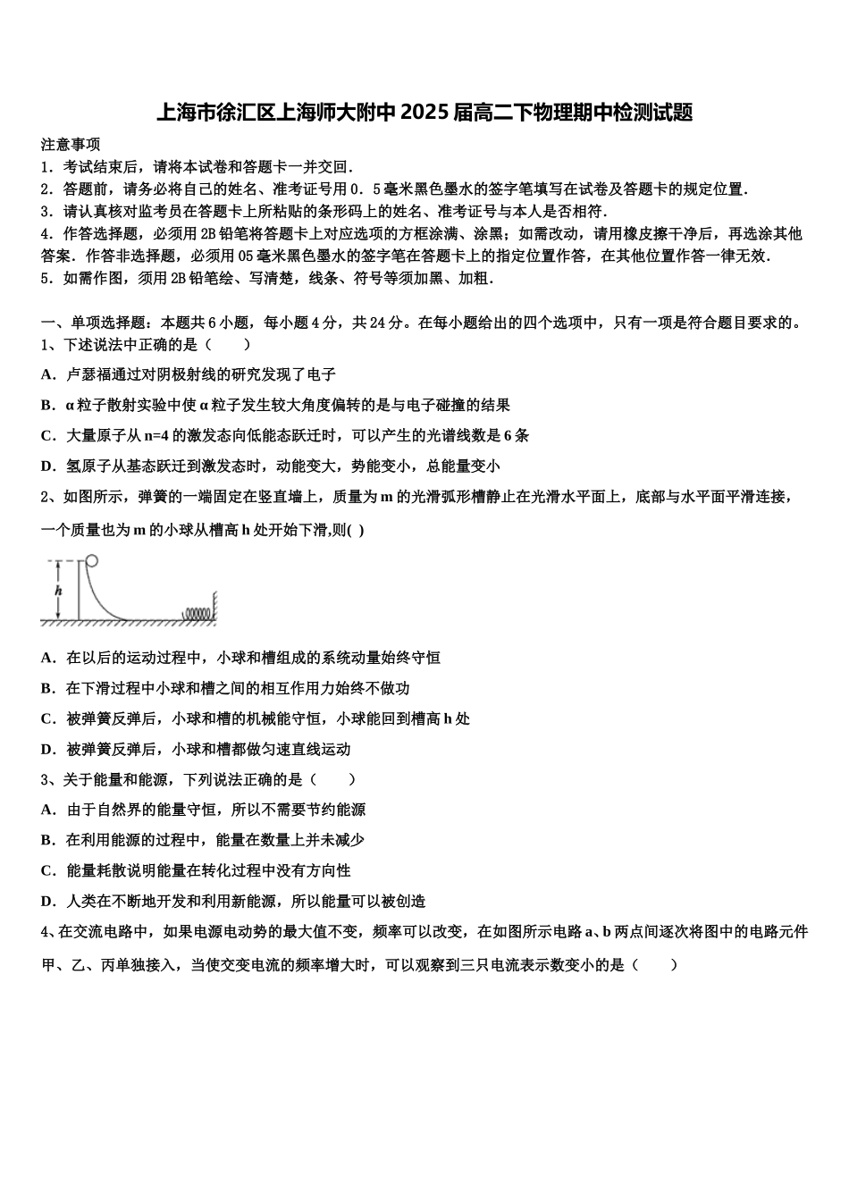 上海市徐汇区上海师大附中2025届高二下物理期中检测试题含解析_第1页