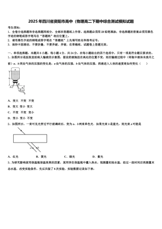 2025年四川省资阳市高中（物理高二下期中综合测试模拟试题含解析