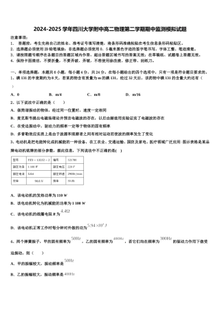 2024-2025学年四川大学附中高二物理第二学期期中监测模拟试题含解析