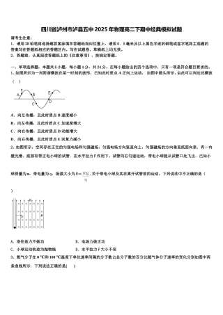 四川省泸州市泸县五中2025年物理高二下期中经典模拟试题含解析