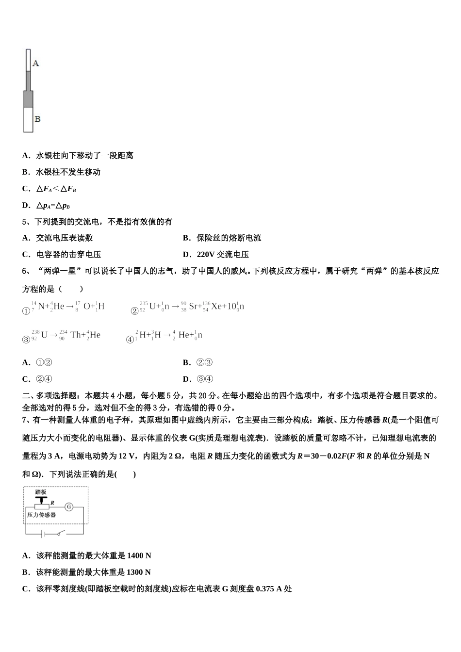 2024-2025学年四川省绵阳市东辰高中物理高二第二学期期中教学质量检测试题含解析_第2页