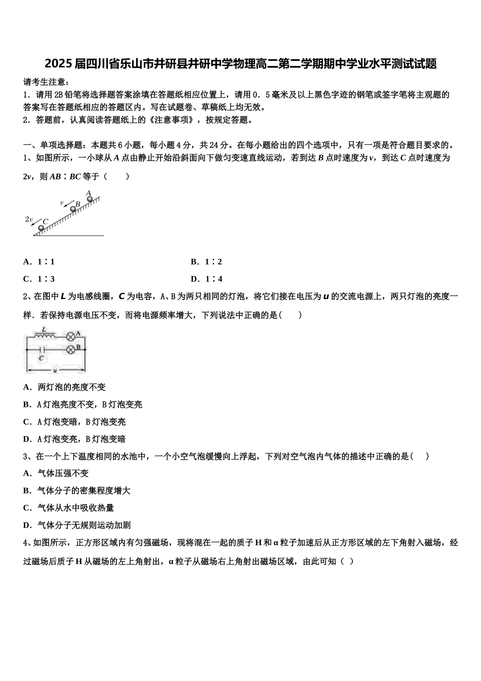2025届四川省乐山市井研县井研中学物理高二第二学期期中学业水平测试试题含解析_第1页