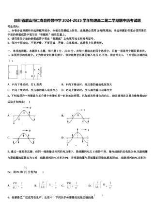 四川省眉山市仁寿县铧强中学2024-2025学年物理高二第二学期期中统考试题含解析