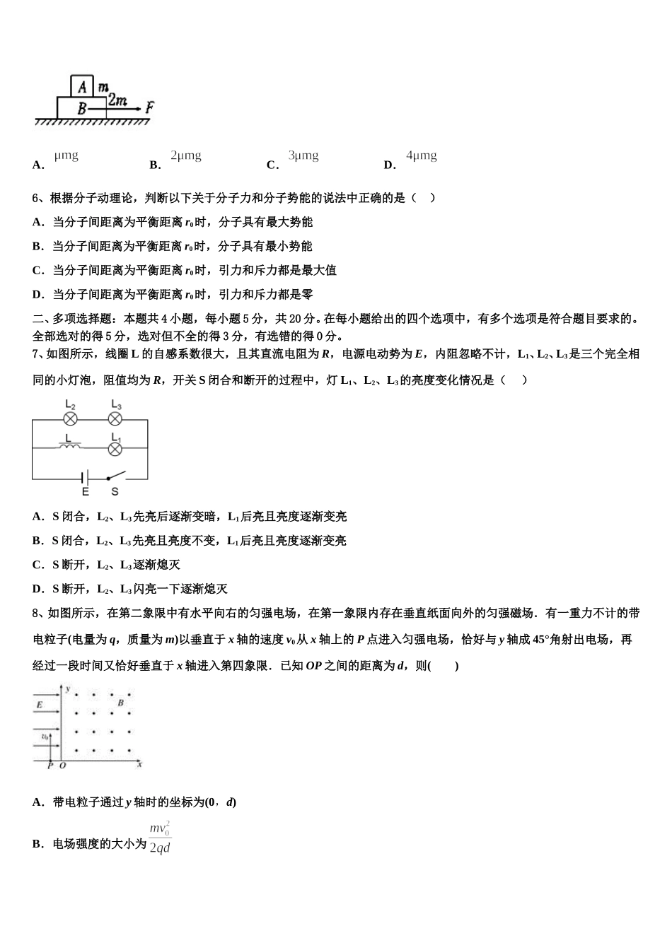 四川省泸州市泸州老窖天府中学2024-2025学年物理高二第二学期期中达标测试试题含解析_第2页