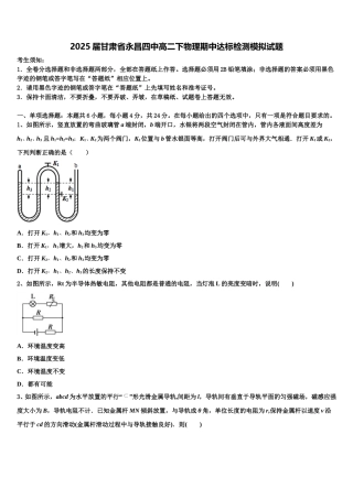2025届甘肃省永昌四中高二下物理期中达标检测模拟试题含解析