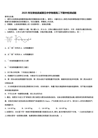 2025年甘肃省武威第五中学物理高二下期中检测试题含解析