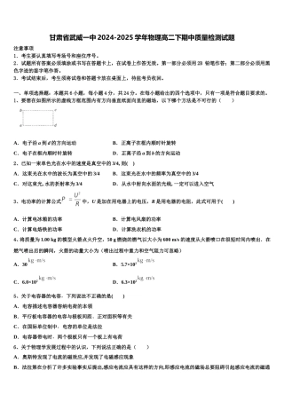 甘肃省武威一中2024-2025学年物理高二下期中质量检测试题含解析