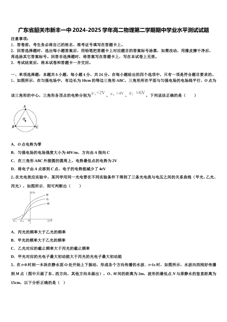 广东省韶关市新丰一中2024-2025学年高二物理第二学期期中学业水平测试试题含解析_第1页