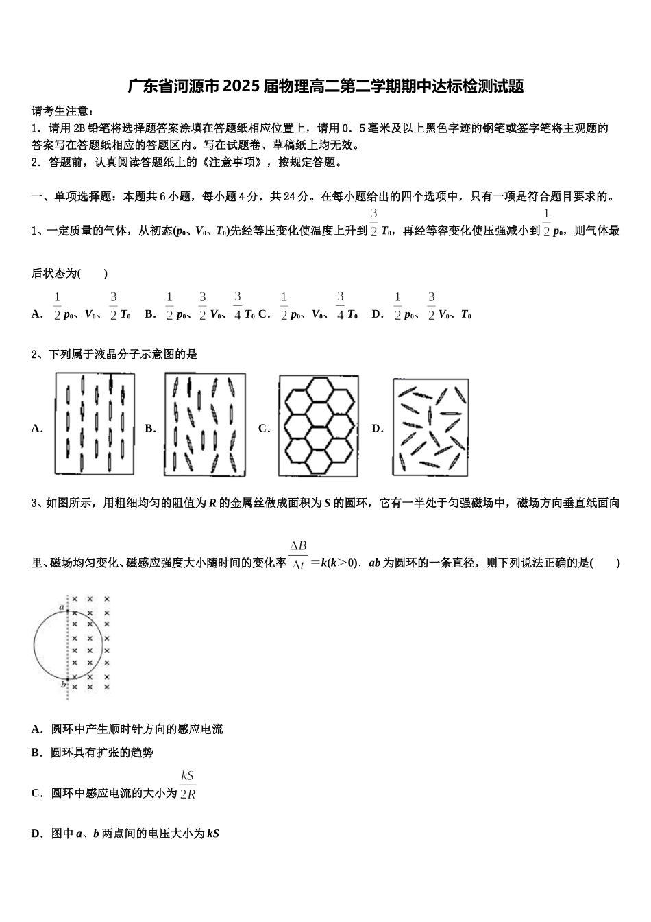 广东省河源市2025届物理高二第二学期期中达标检测试题含解析_第1页