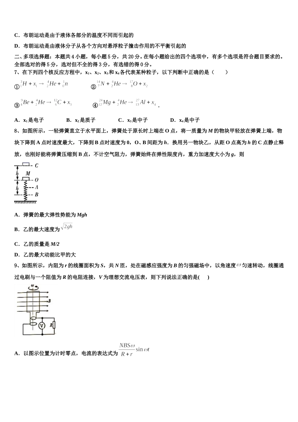 2025届广东第二师范学院番禺附中高二下物理期中考试模拟试题含解析_第2页