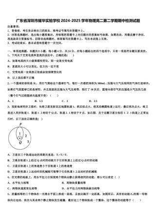 广东省深圳市耀华实验学校2024-2025学年物理高二第二学期期中检测试题含解析