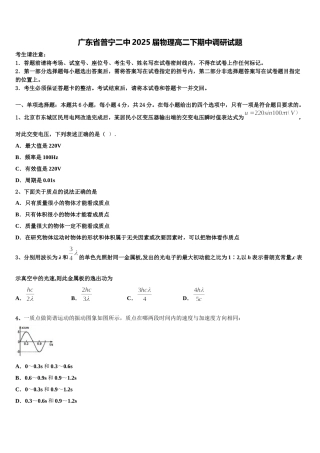 广东省普宁二中2025届物理高二下期中调研试题含解析