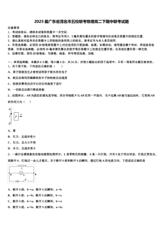 2025届广东省茂名市五校联考物理高二下期中联考试题含解析