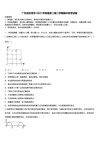 广东省东莞市2025年物理高二第二学期期中统考试题含解析