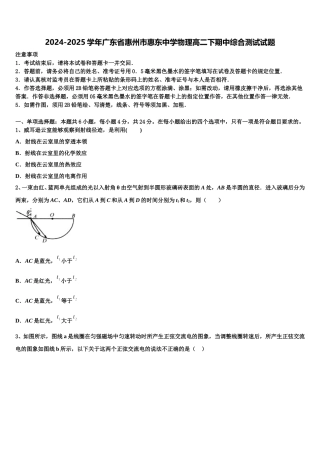 2024-2025学年广东省惠州市惠东中学物理高二下期中综合测试试题含解析