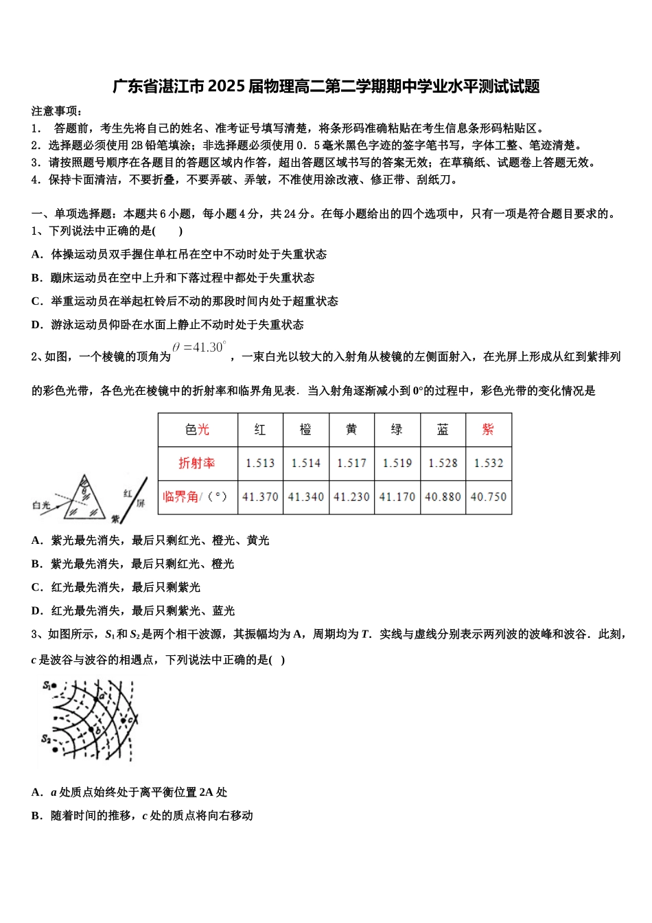 广东省湛江市2025届物理高二第二学期期中学业水平测试试题含解析_第1页