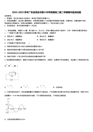 2024-2025学年广东省茂名市第十中学物理高二第二学期期中监测试题含解析